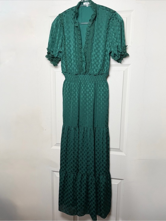 Max Studio Dresses & Skirts - Max Studio Emerald Sheer Lace Satin Polka Dot Tiered Maxi Dress Forest Goddess